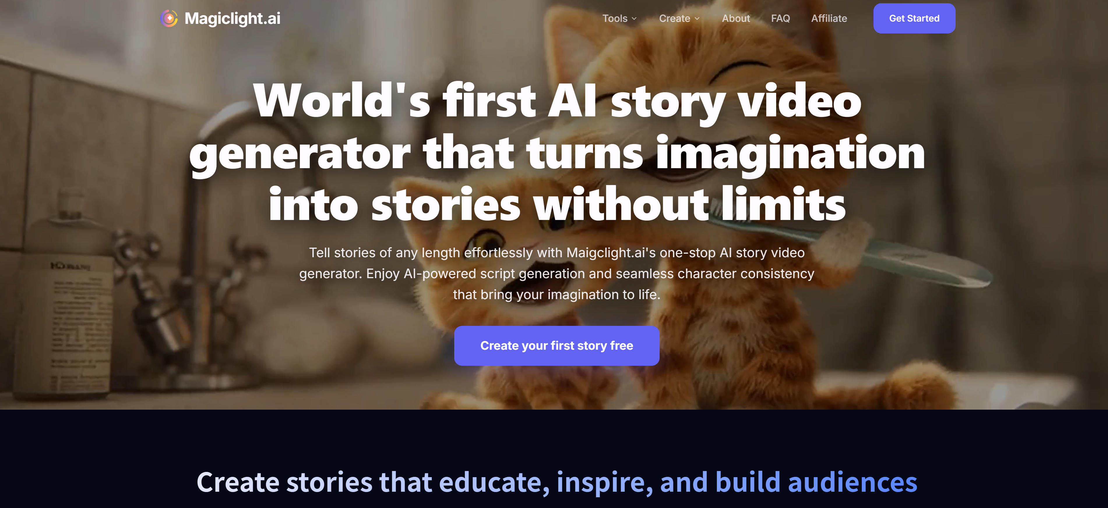 Magiclight AI故事视频平台界面，展示长格式故事生成、角色一致性和场景连贯性功能，支持30分钟故事视频