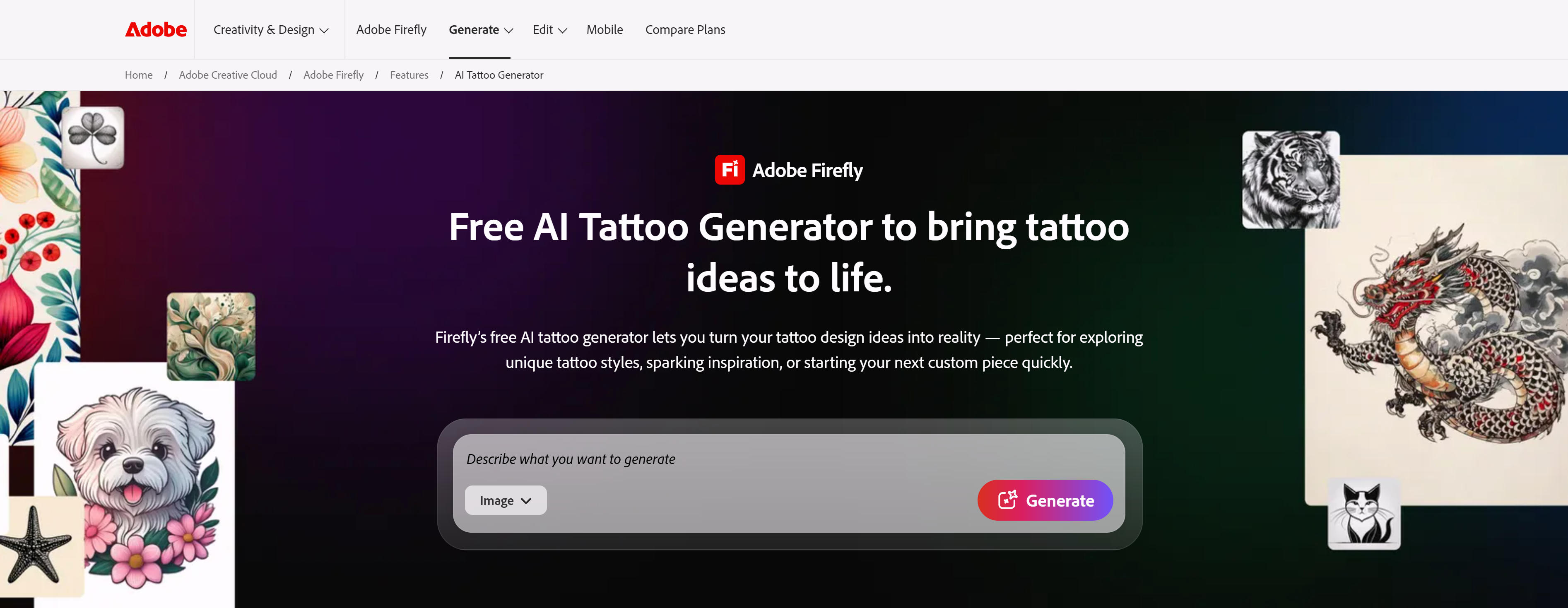 Adobe Firefly纹身生成器界面，展示版权清白认证和Creative Cloud整合功能