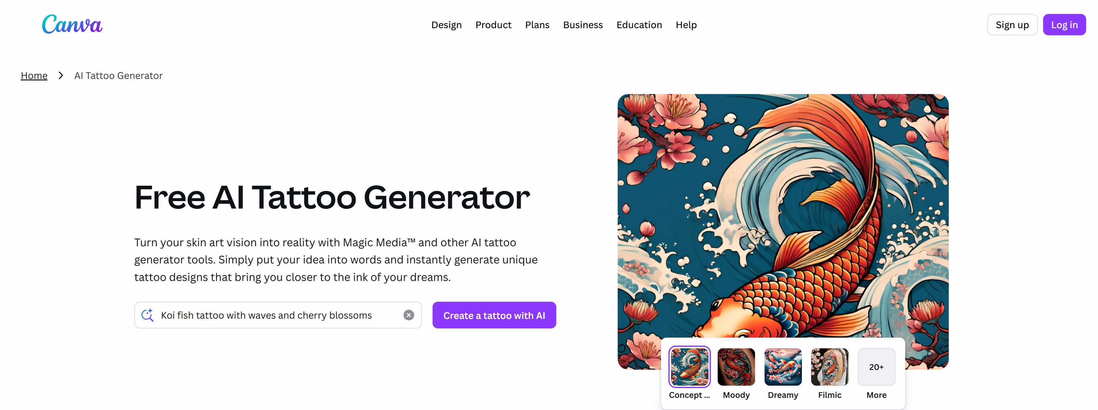 Canva AI纹身生成器界面，展示设计平台整合和模板库功能