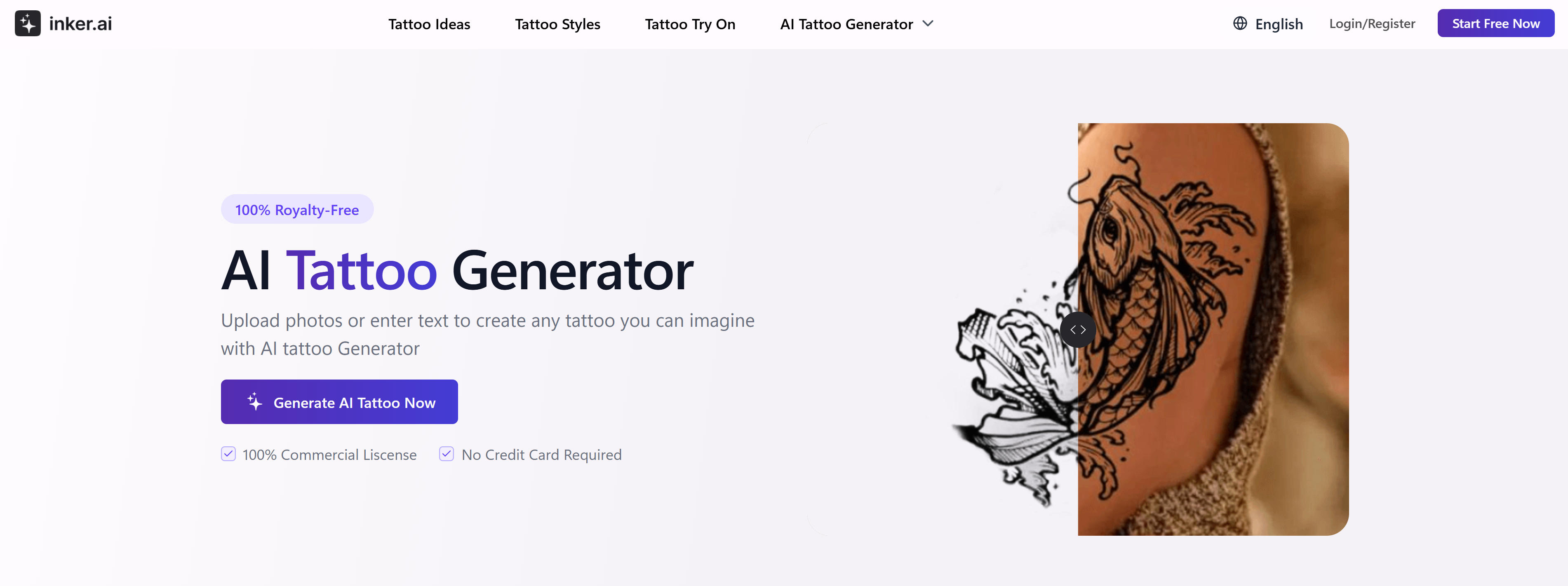Inker.ai免费AI纹身生成器界面，展示文本转纹身和虚拟试穿功能