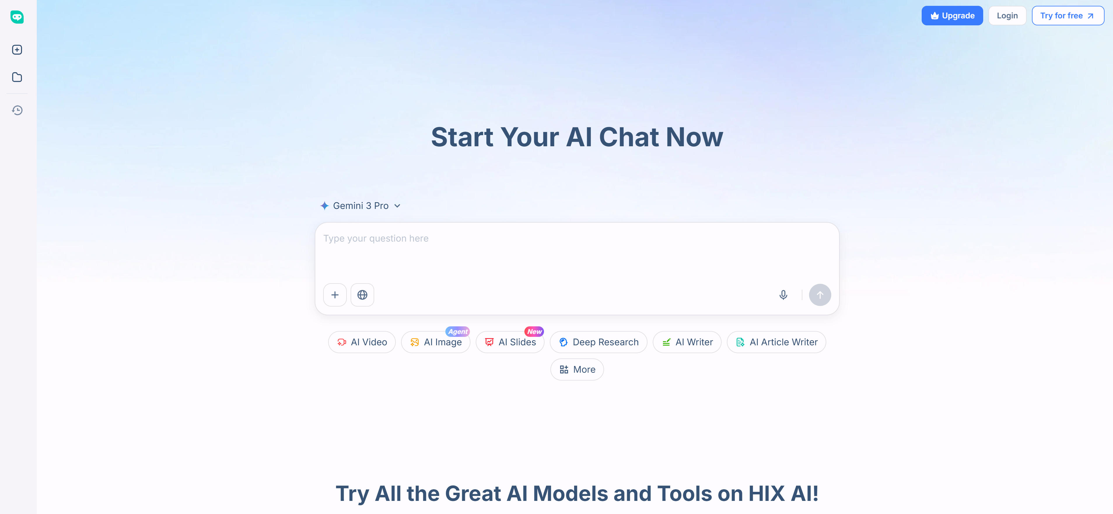 HIX.AI一体化AI平台界面，展示多功能写作和内容生成工具