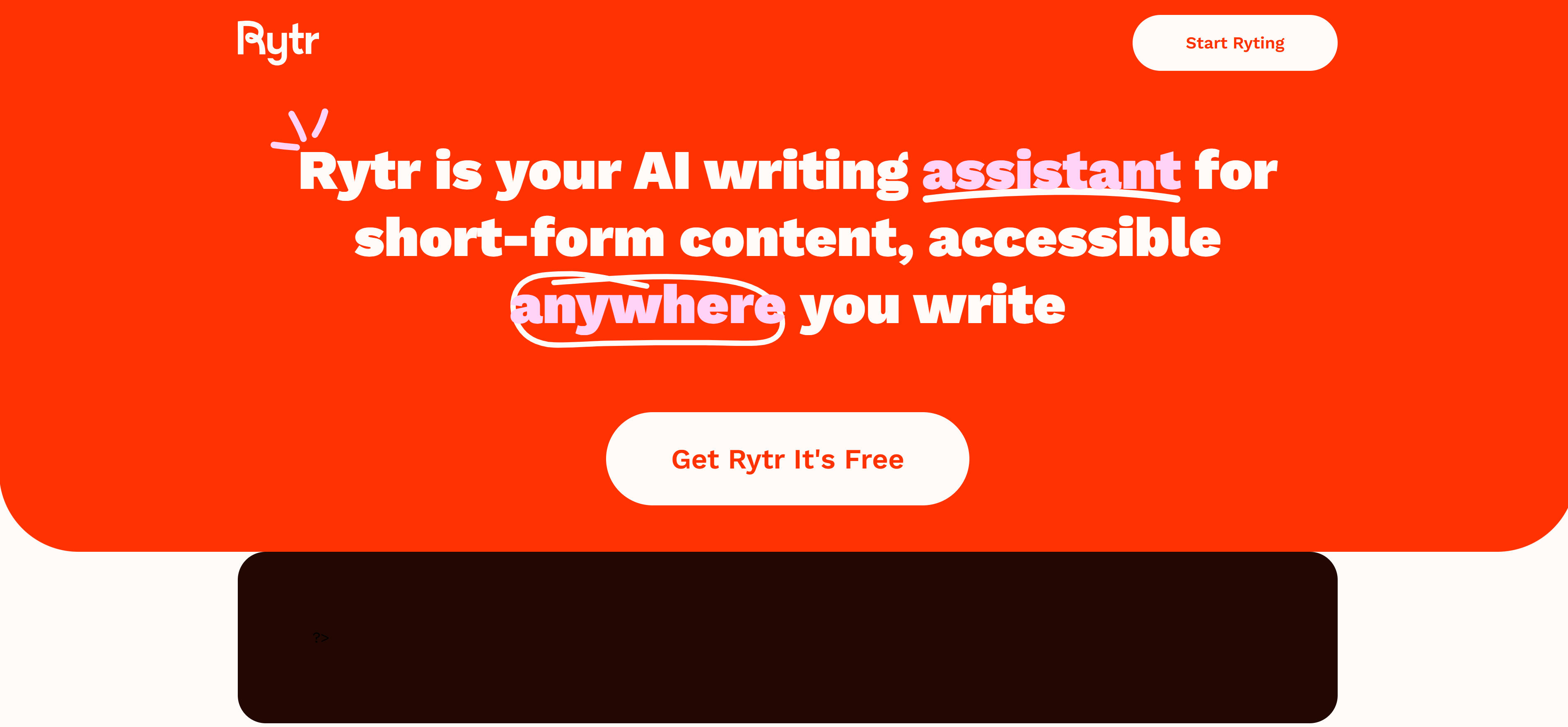 Rytr短内容写作助手界面，展示快速文案和社交媒体内容生成功能