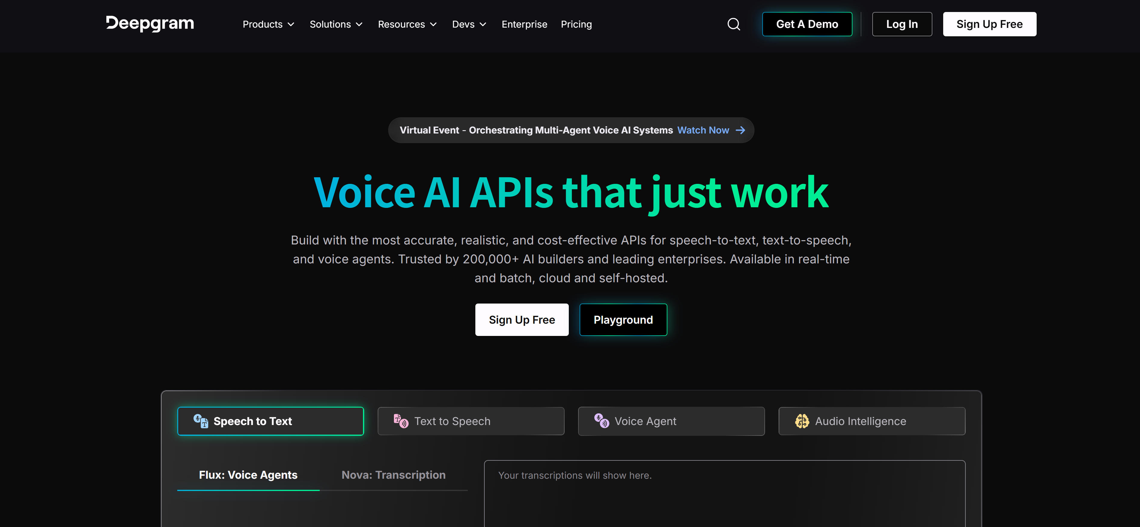 Deepgram 开发者导向实时语音合成平台界面，展示REST API和WebSocket API接口，支持低延迟文字转语音服务