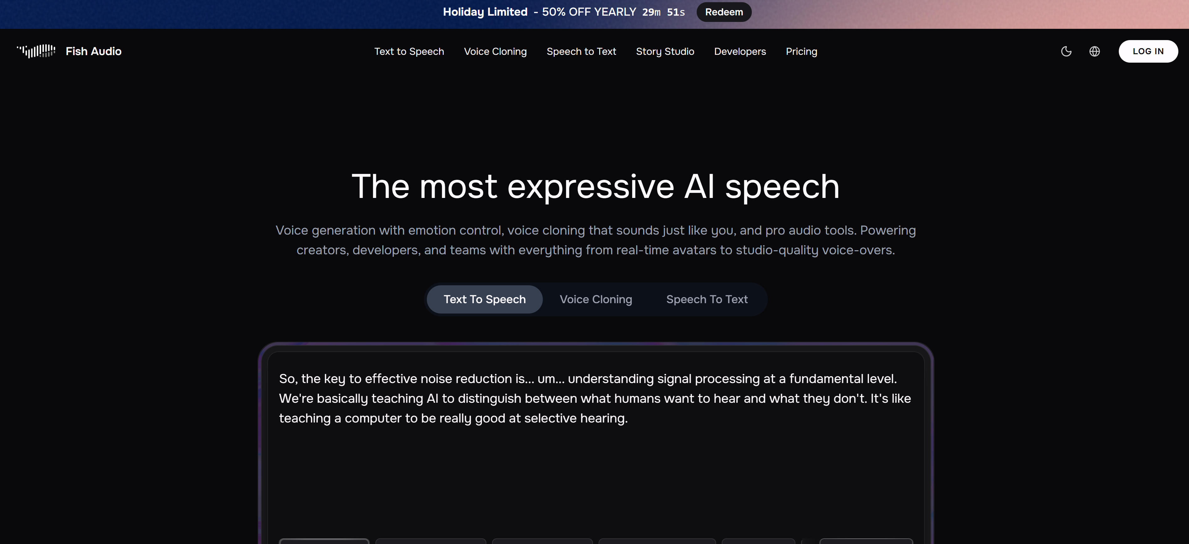 Fish Audio 开源AI语音合成工具界面，展示高质量的文本转语音功能
