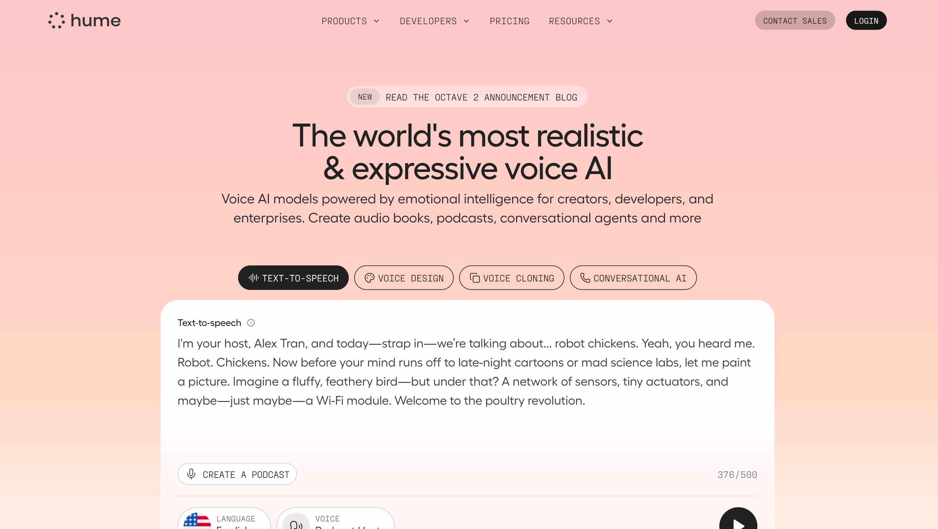Hume 情感智能AI语音合成工具界面，展示情感分析和情感表达技术