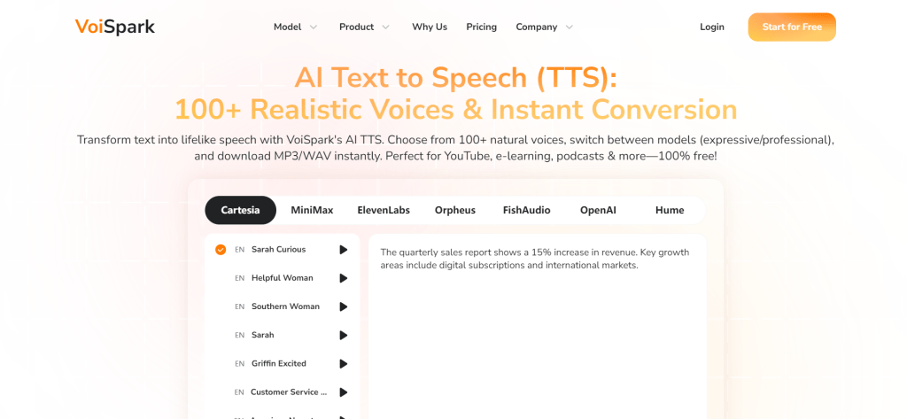 VoiSpark 一站式AI语音合成平台界面，展示集成ElevenLabs、Cartesia、MiniMax等主流TTS模型的统一操作界面
