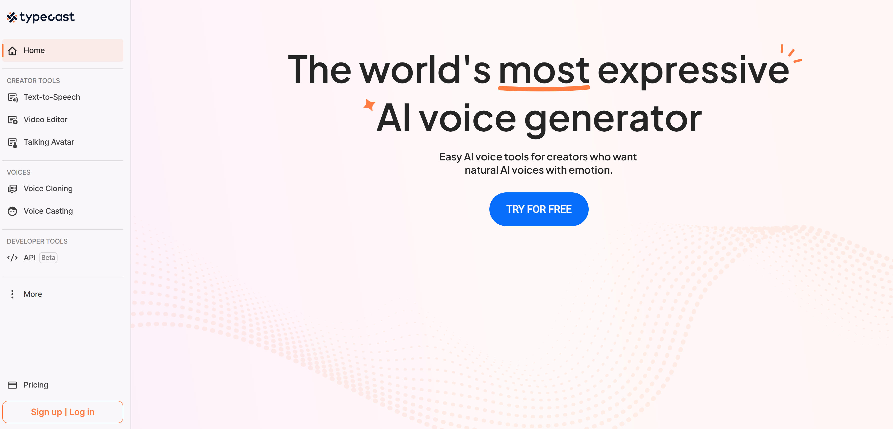 Typecast 虚拟演员配音平台界面，展示角色化语音合成功能，支持根据角色性格生成对应声线，适合动画和广告制作