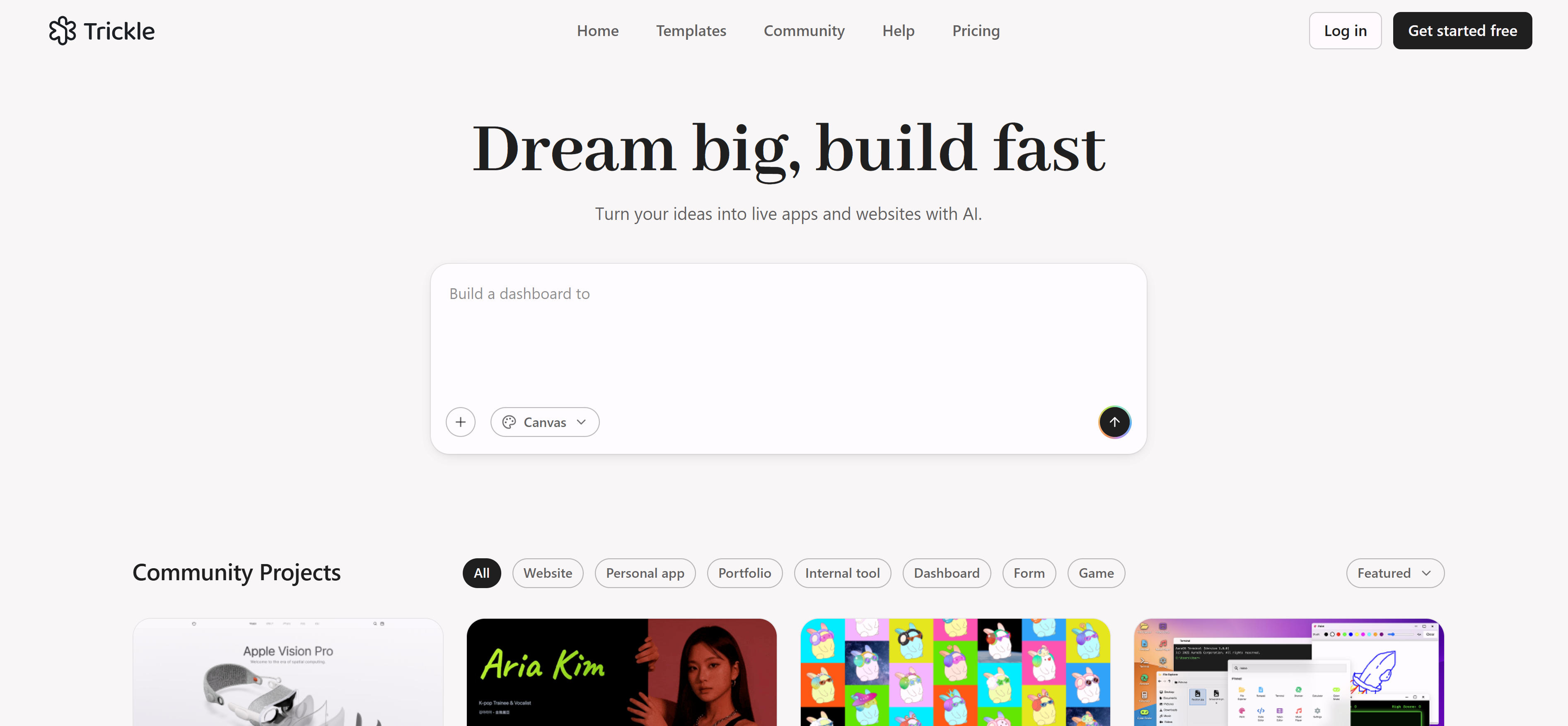 Trickle一站式Vibe Coding平台界面,展示内置数据库和快速部署功能