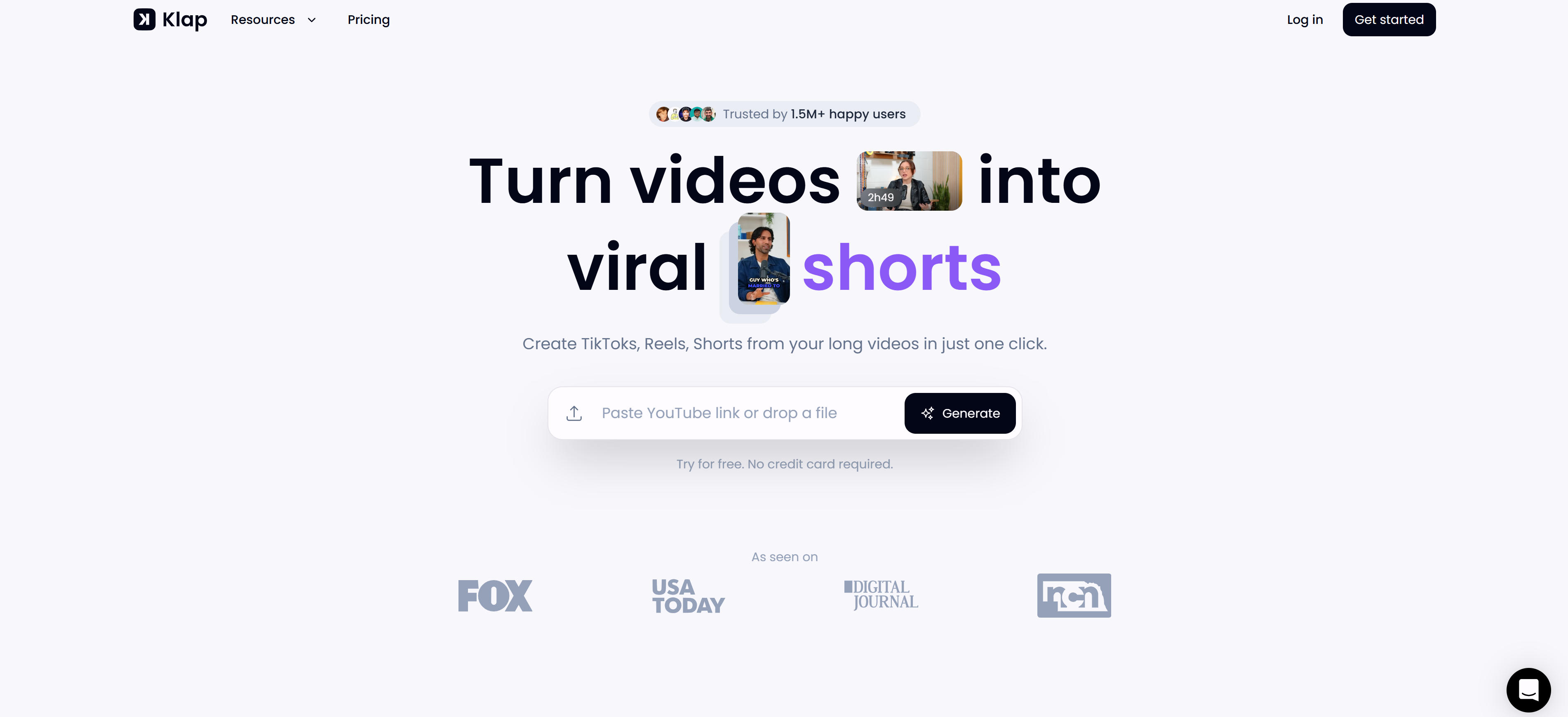 Klap AI视频切片工具界面,展示病毒式短视频生成功能