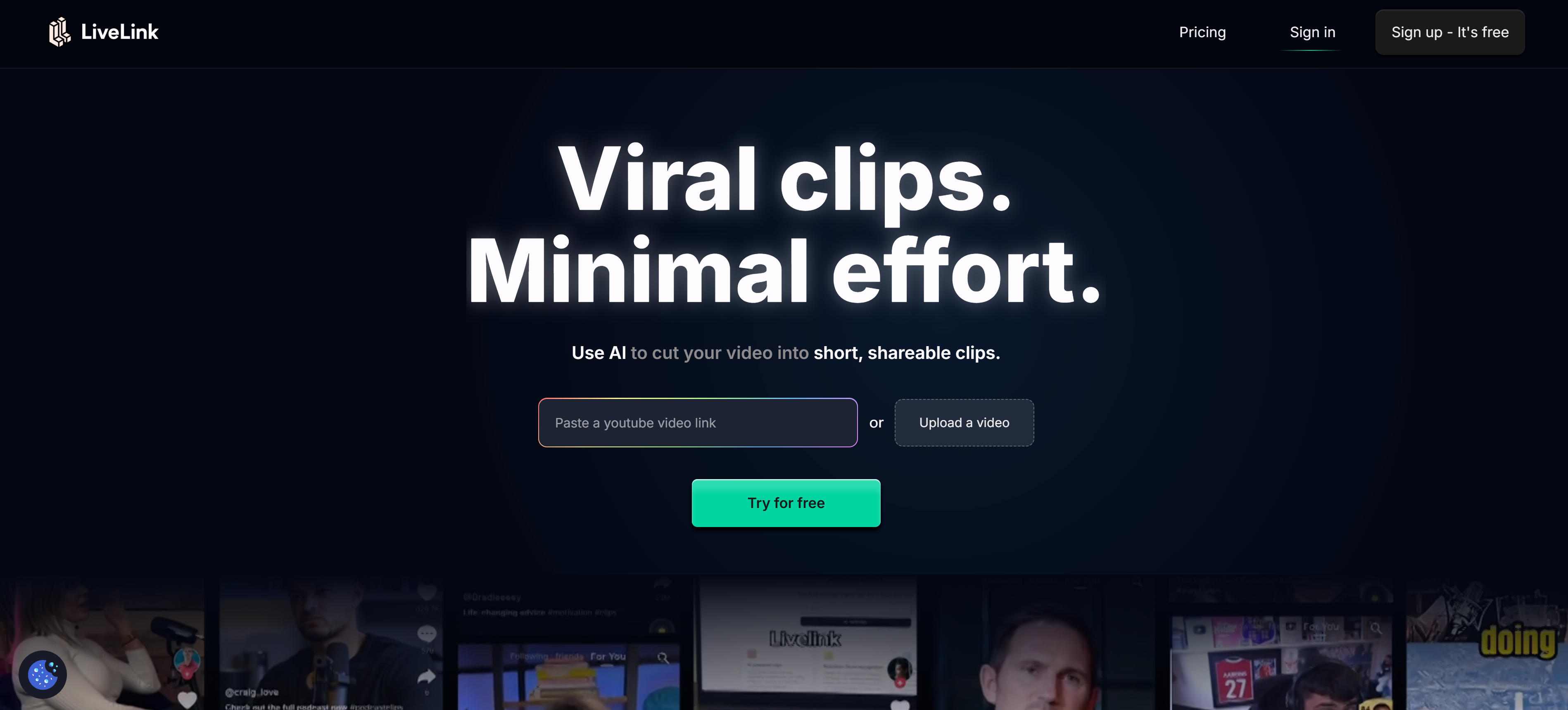 LiveLink AI视频剪辑工具界面,展示快速社交媒体剪辑功能