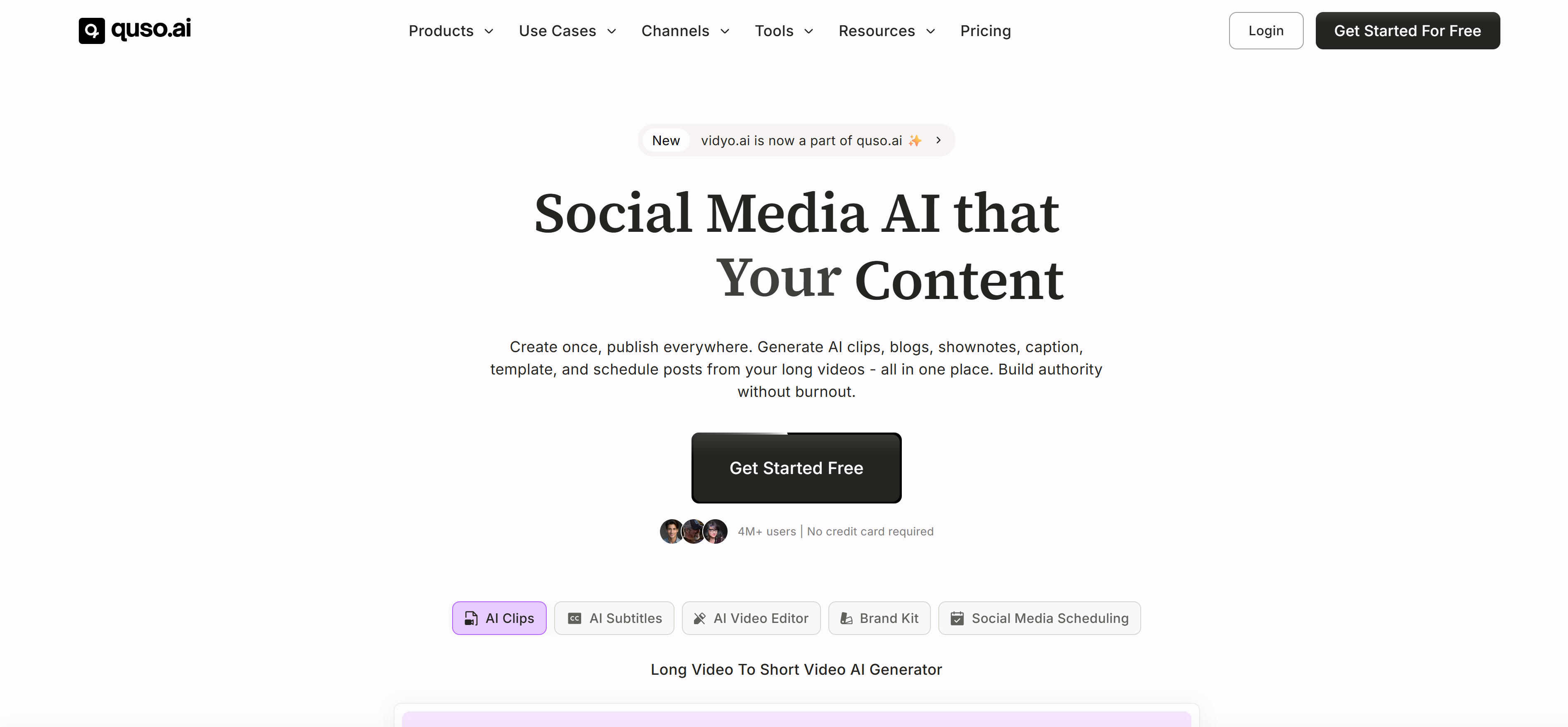 Quso全功能社交媒体AI平台界面,展示AI视频切片、编辑、字幕和调度功能