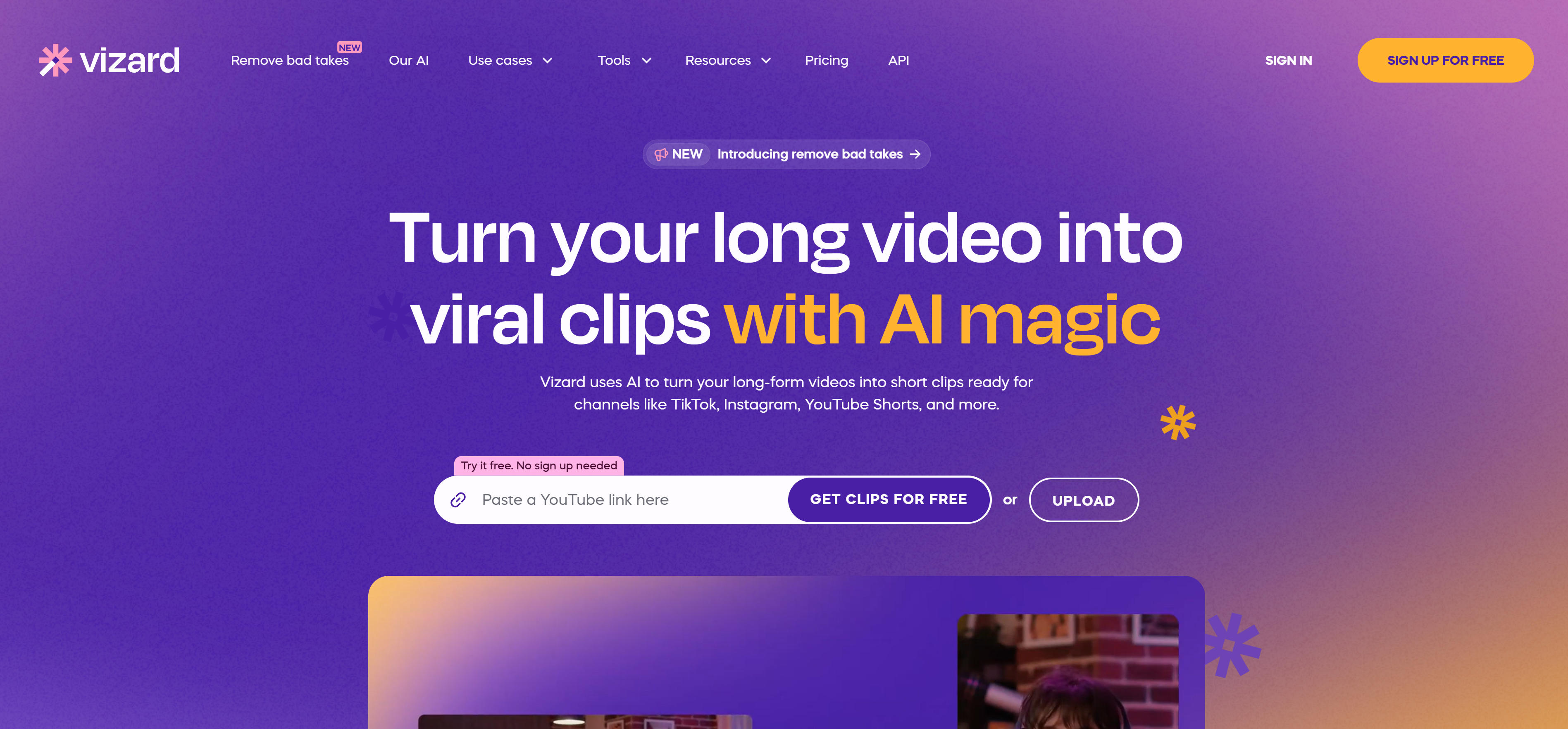 Vizard AI视频编辑工具界面,展示批量剪辑生成和编辑功能