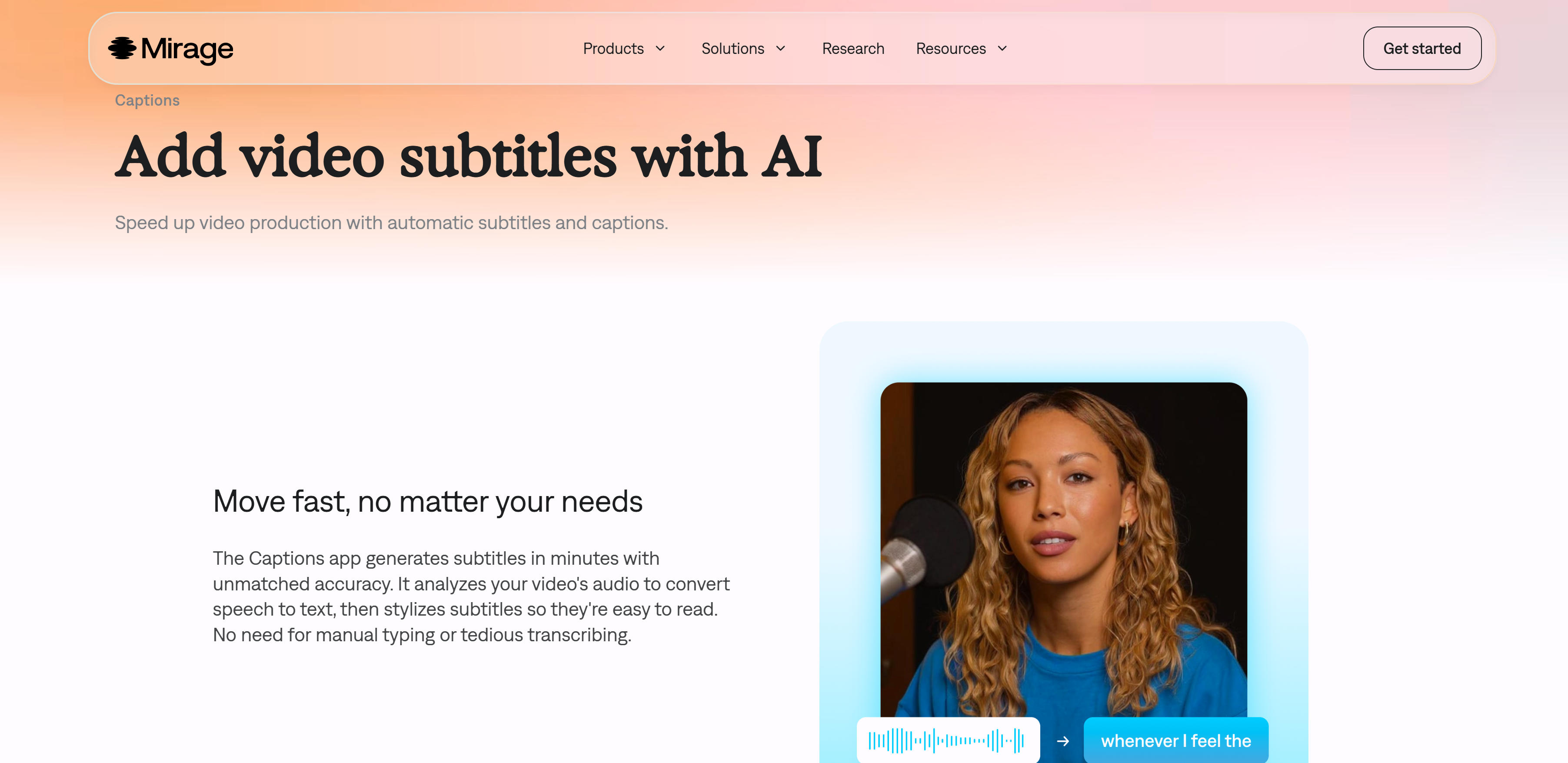 Mirage Captions AI视频字幕生成工具界面，展示AI自动生成字幕和样式自定义功能