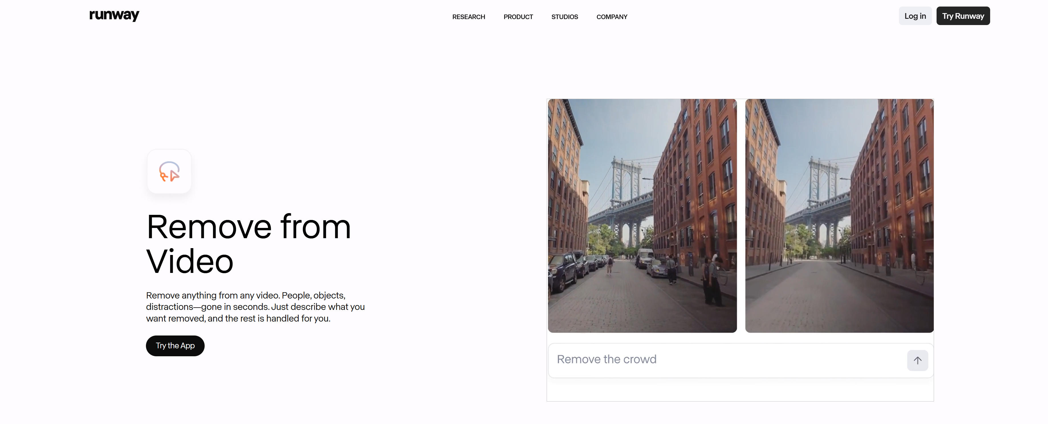 Runway视频去背景工具界面，展示AI自动识别前景并移除背景的功能