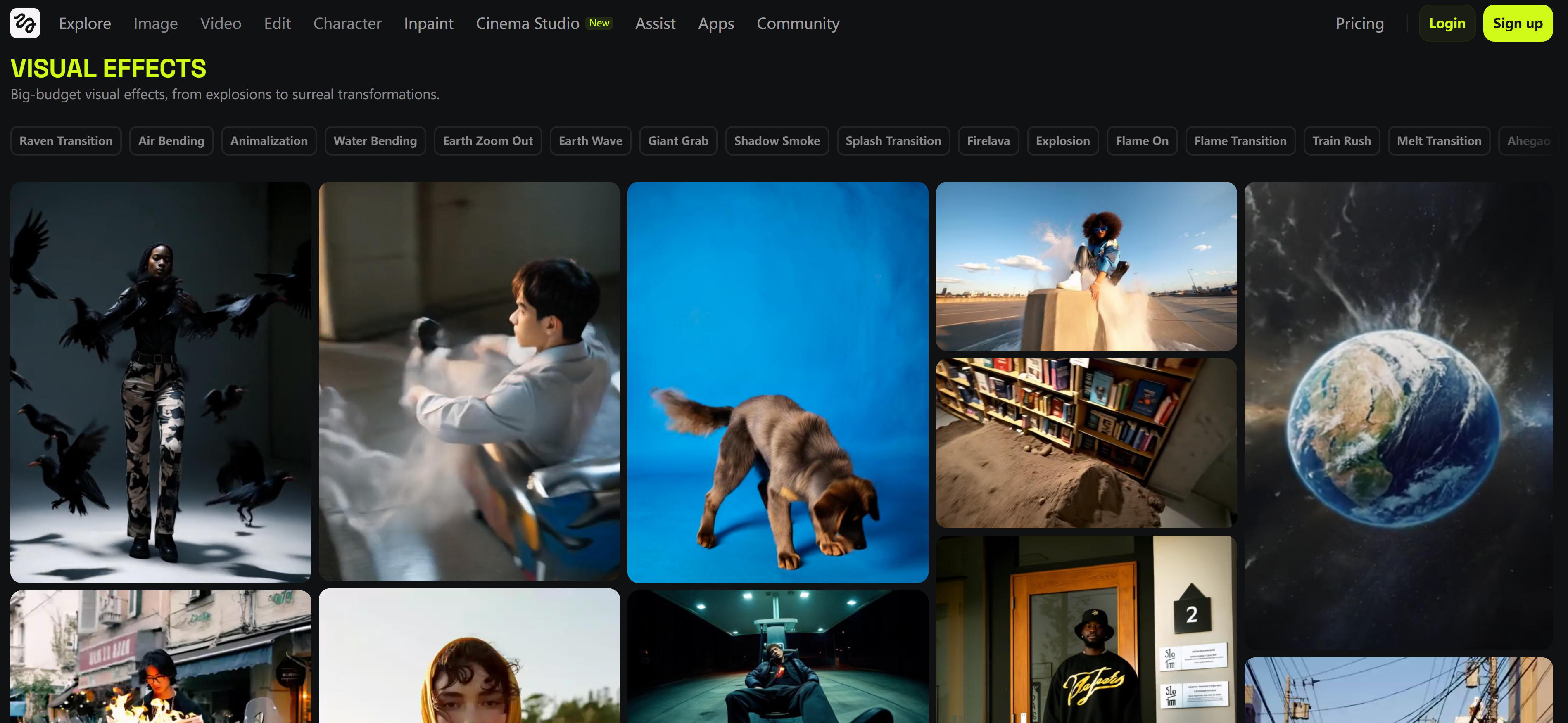 AI视频特效工具界面展示，包括Higgsfield、Kling、MindVideo等主流工具