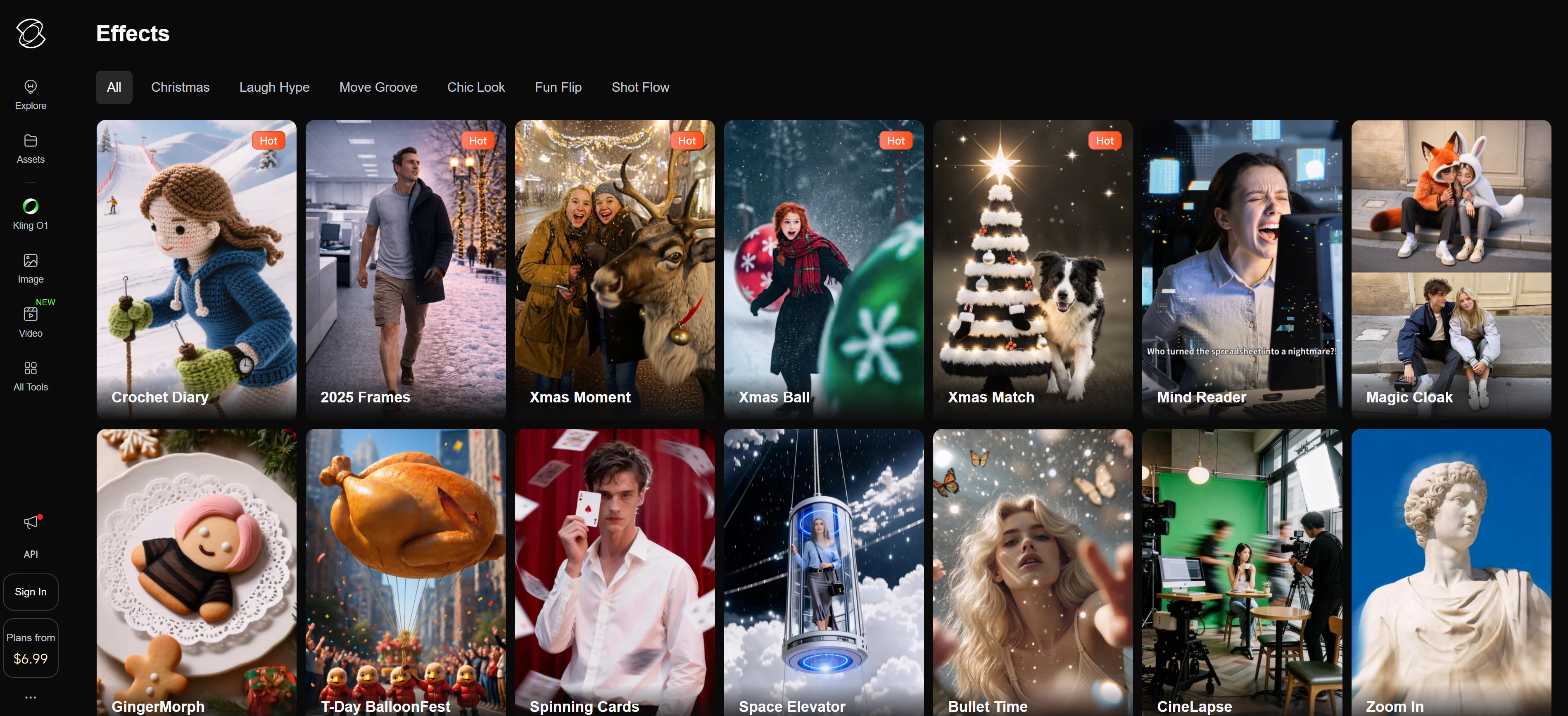Kling AI视频特效模板库界面，展示丰富的特效模板和创意效果