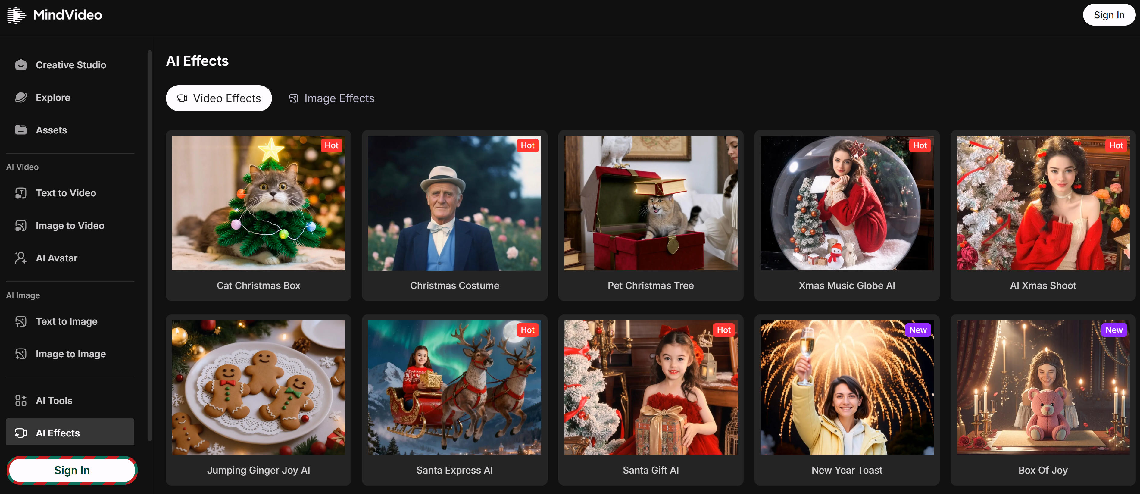 MindVideo免费AI视频特效工具界面，展示丰富的特效模板和娱乐效果