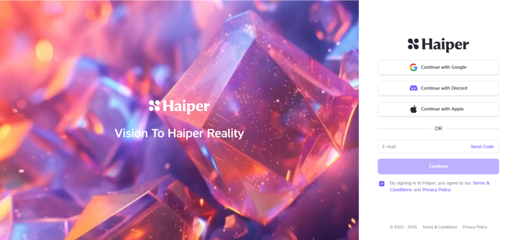 Haiper AI video generator interface showing text and image to video generation features