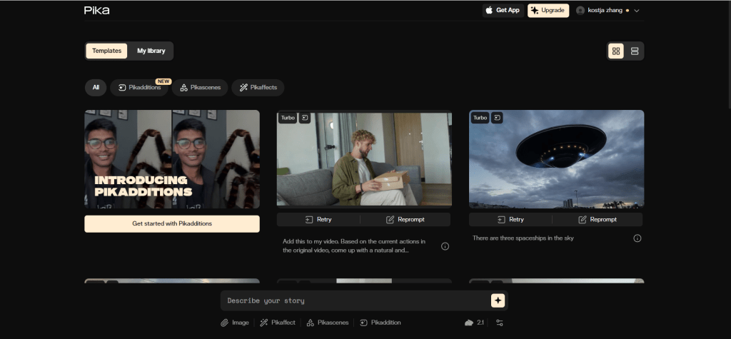 Pika AI animation video generator interface showing animation style video generation features