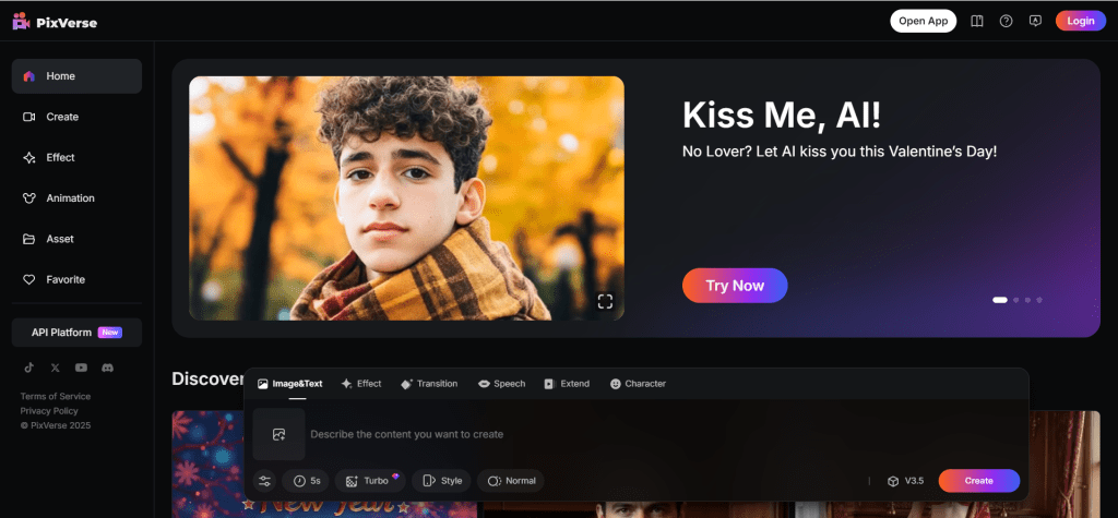 Pixverse AI video generator interface showing text and image to video generation features