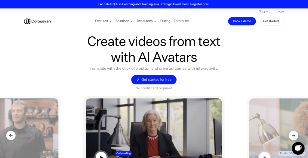 Colossyan AI数字人生成工具界面,展示教育培训视频生成和模板库功能