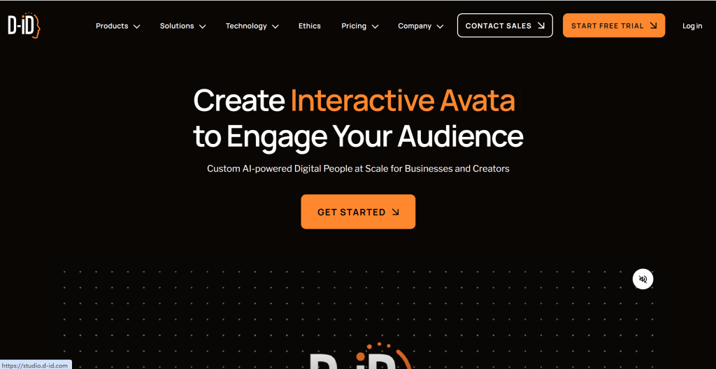 D-ID AI数字人生成工具界面,展示API集成和自定义数字人形象功能