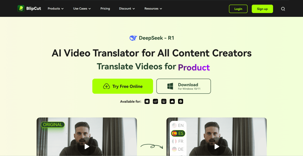 Blipcut AI Video Translator视频翻译工具界面，展示多语言和口音支持功能