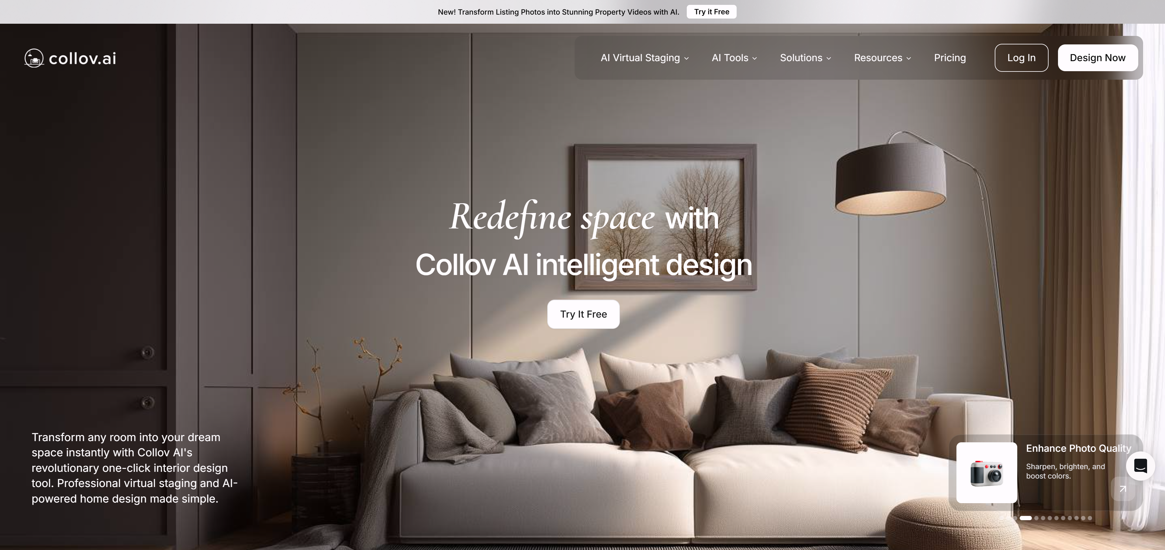 Collov AI虚拟置景界面,展示快速置景和多种设计风格选择