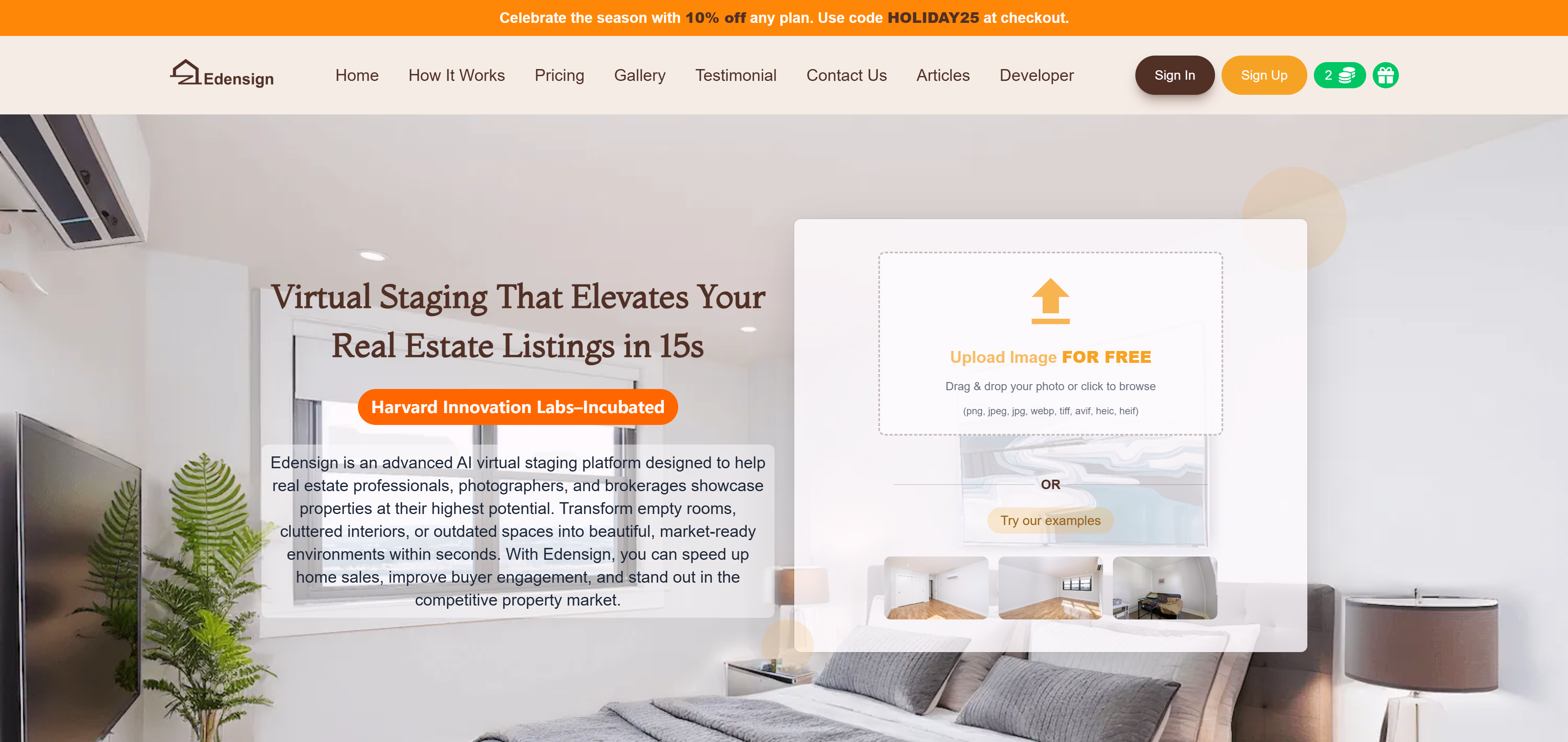 Edensign AI虚拟置景界面,展示高质量置景效果和自定义家具参考功能