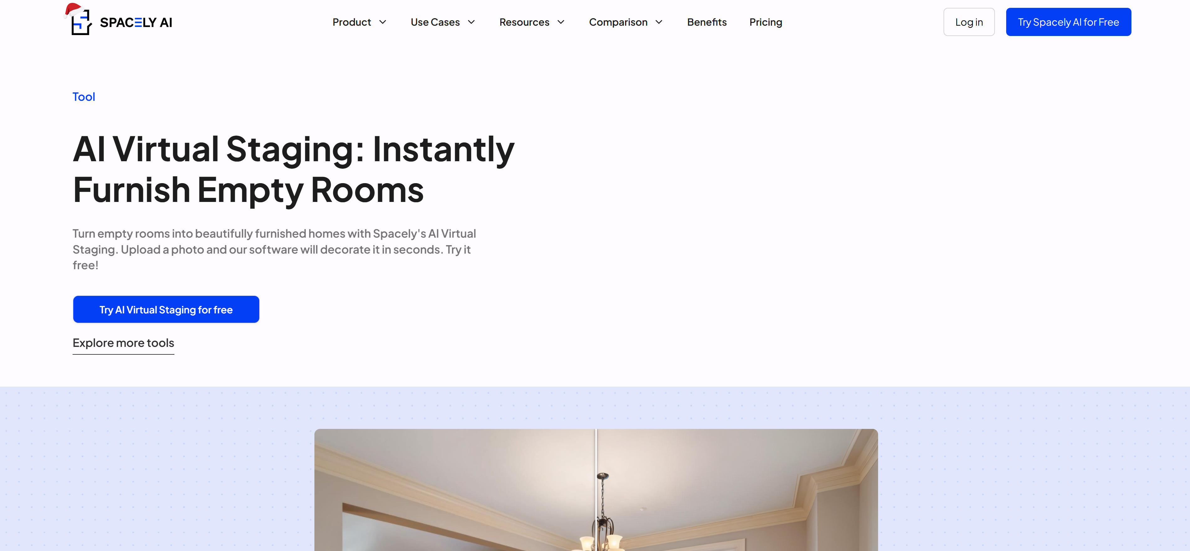 Spacely AI完整室内设计平台界面，展示3D建模和虚拟置景功能
