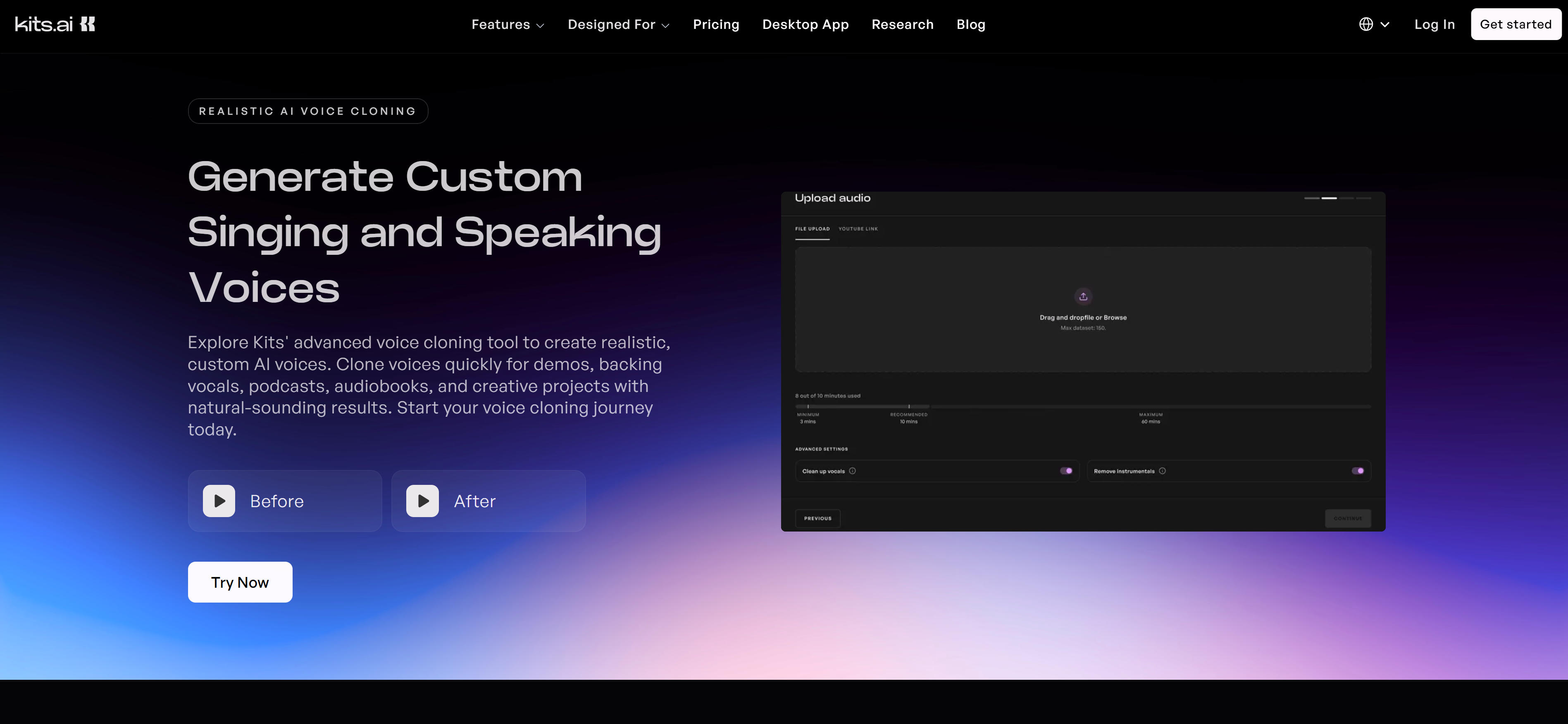 Kits AI 音乐人声音克隆工具界面，展示克隆歌手音色并生成AI演唱曲目功能，面向音乐人用户