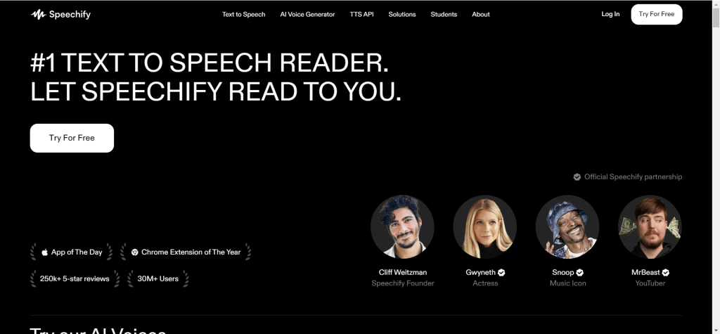 Speechify voice cloning tool interface displaying voice cloning functionality through short audio samples, supporting text-to-cloned-voice conversion, commonly used for personalized audiobook reading