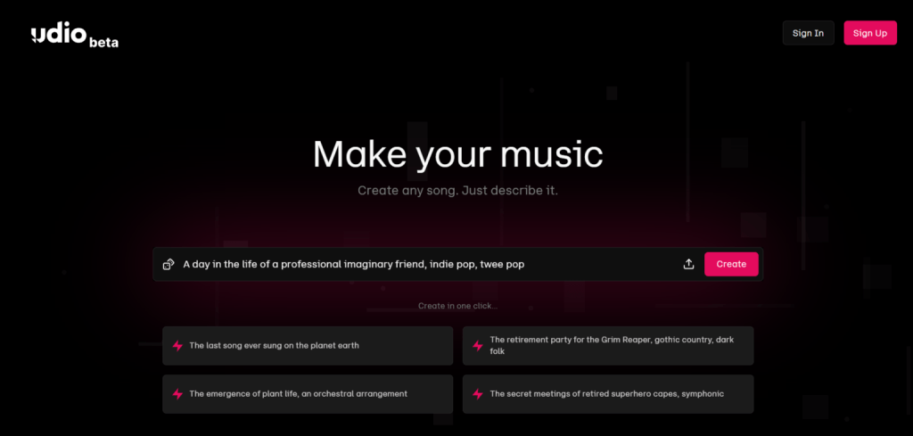Udio AI音乐生成工具界面，展示协作生成和复杂风格音乐创作功能