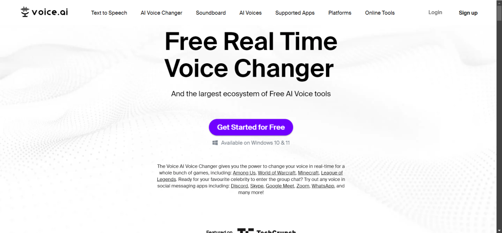 Voice.ai 免费实时AI语音变声器界面,展示AI驱动的高质量变声功能,提供数千种免费声音模型,支持PC和Mac平台,用户可以创建自己的AI声音,与Zoom、Discord、Minecraft等应用兼容