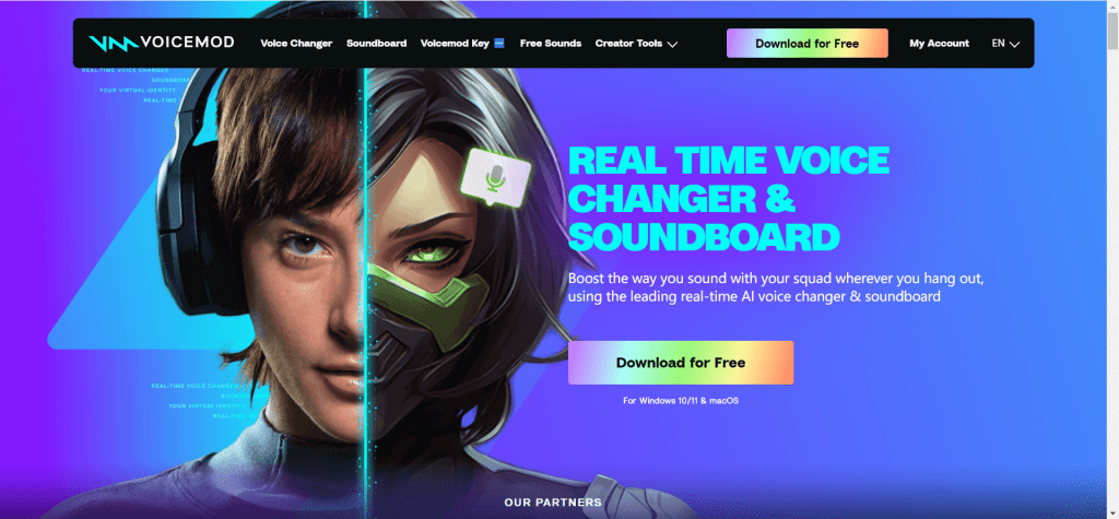 Voicemod 实时语音变声器和声音板软件界面,展示超过150种预设声音效果,支持Windows和macOS系统,提供VoiceLab自定义功能,与Discord、Zoom、Skype、OBS Studio等平台兼容